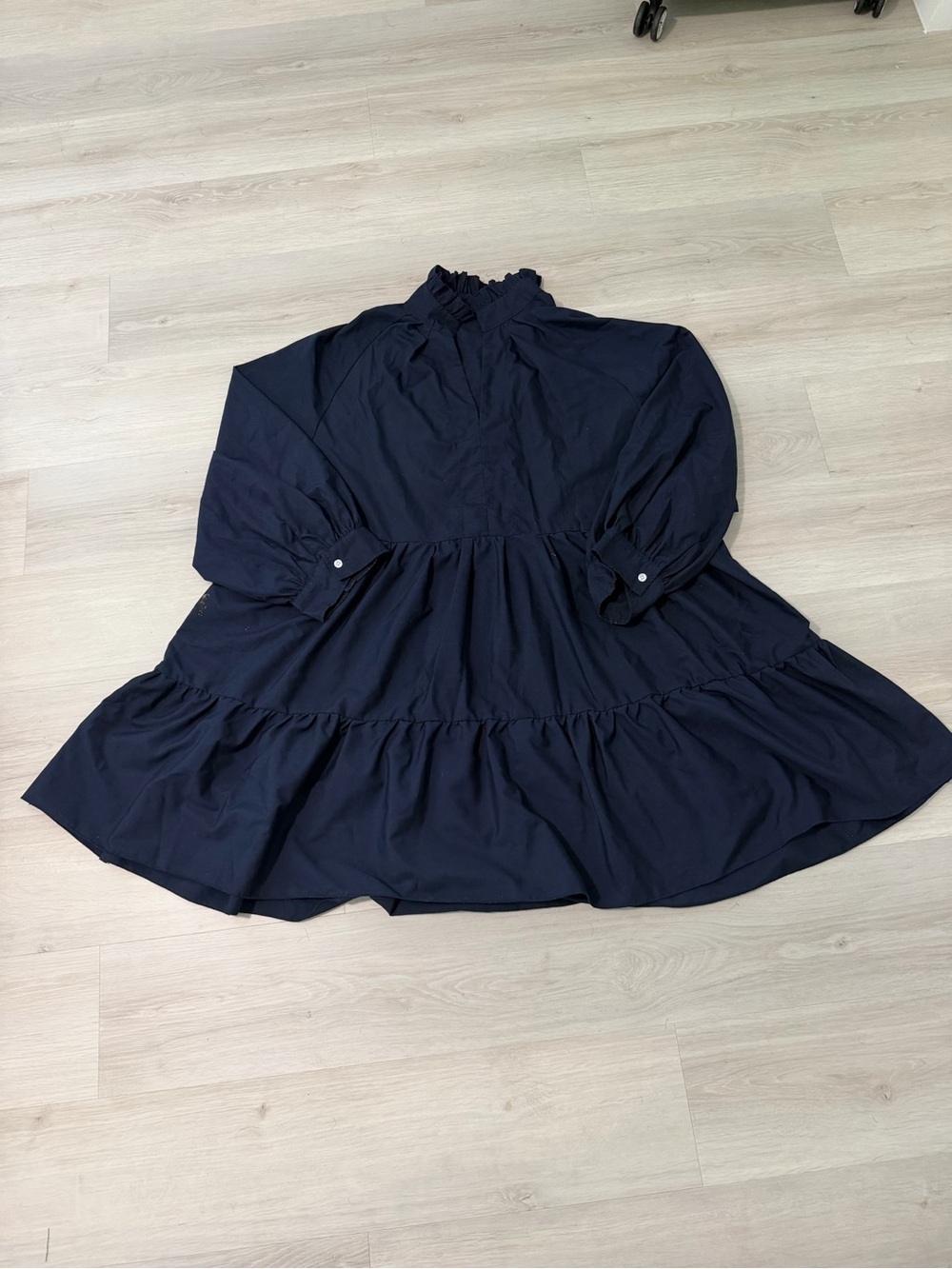 Smocked Neck Navy Tiered Long Sleeve Dress